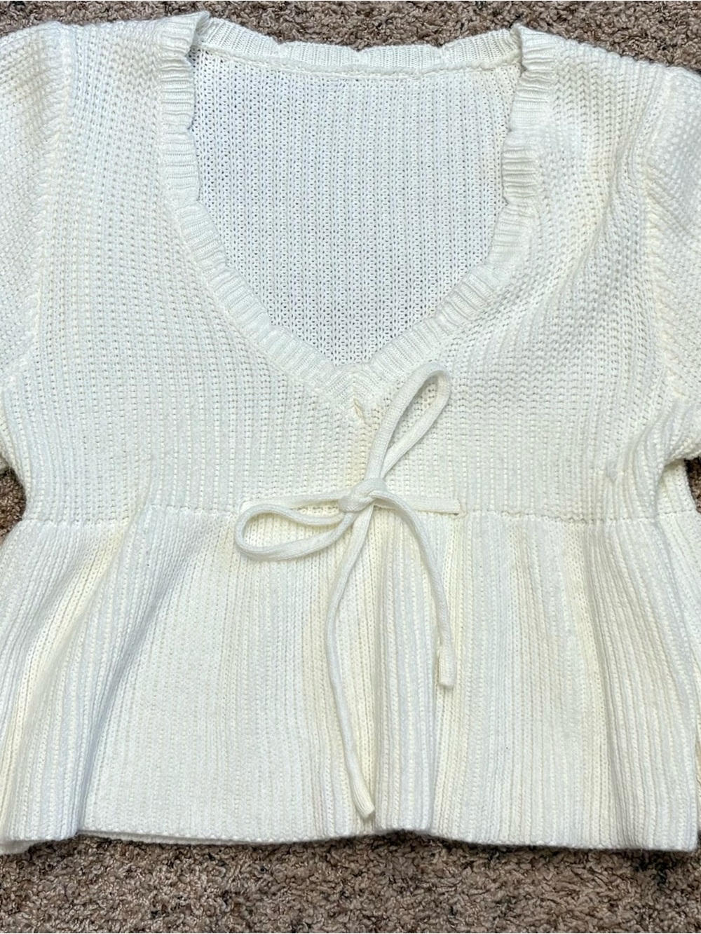 cream v-neck bow tie knitted top